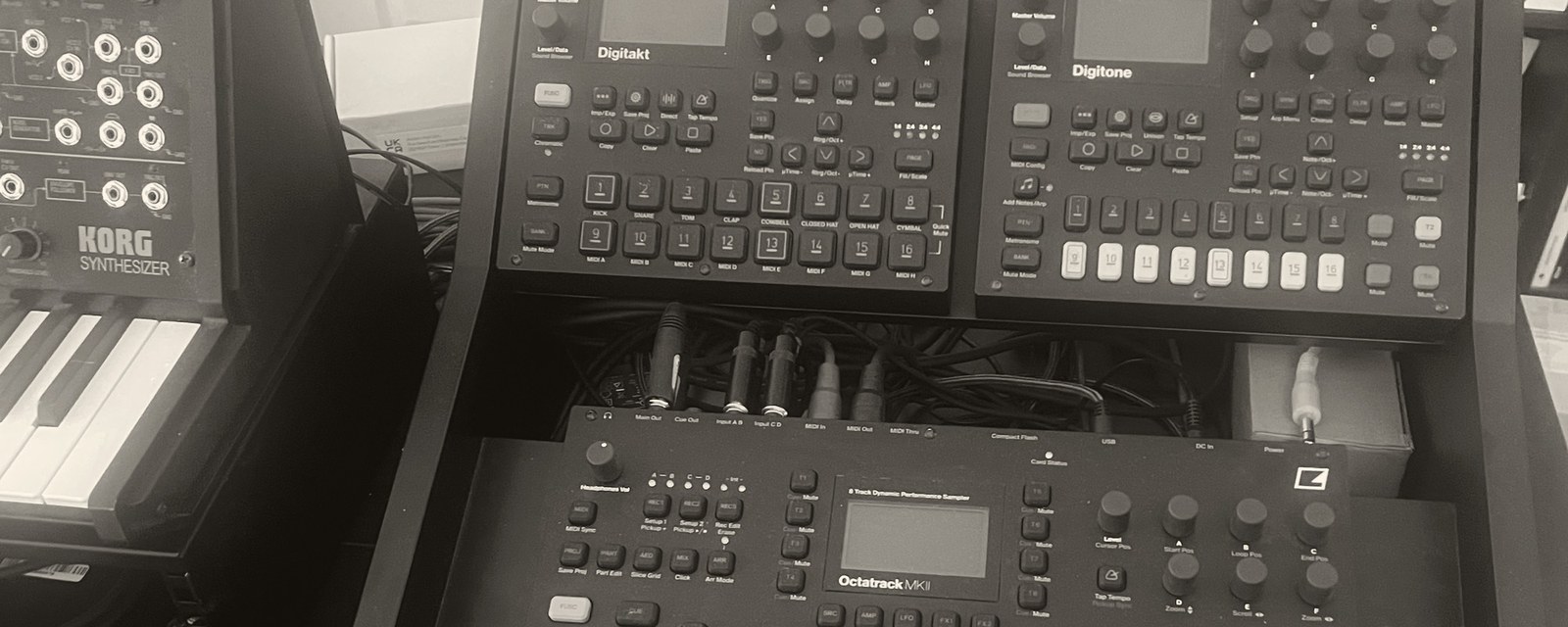The Elektron stack — Digitakt, Digitone, and Octatrack MK2 visible in the studio.