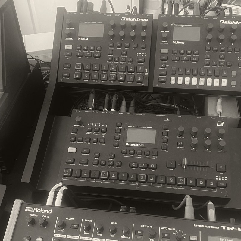 The Elektron stack — Digitakt, Digitone, and Octatrack MK2.