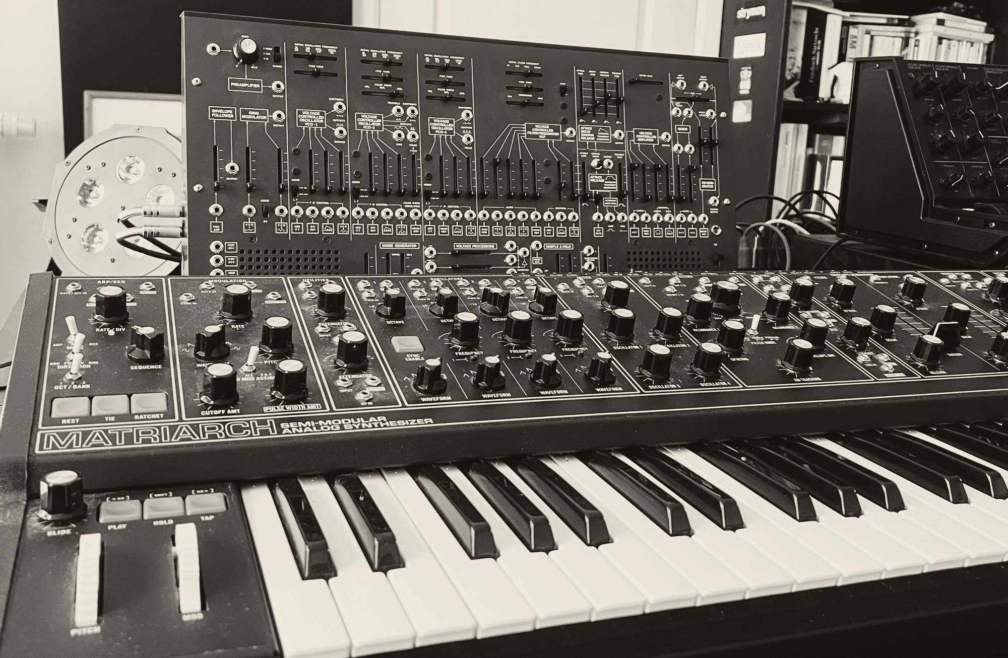 The Moog&nbsp;Matriarch and Korg&nbsp;ARP&nbsp;2600&nbsp;M, two analog synthesizers at the heart of the studio.