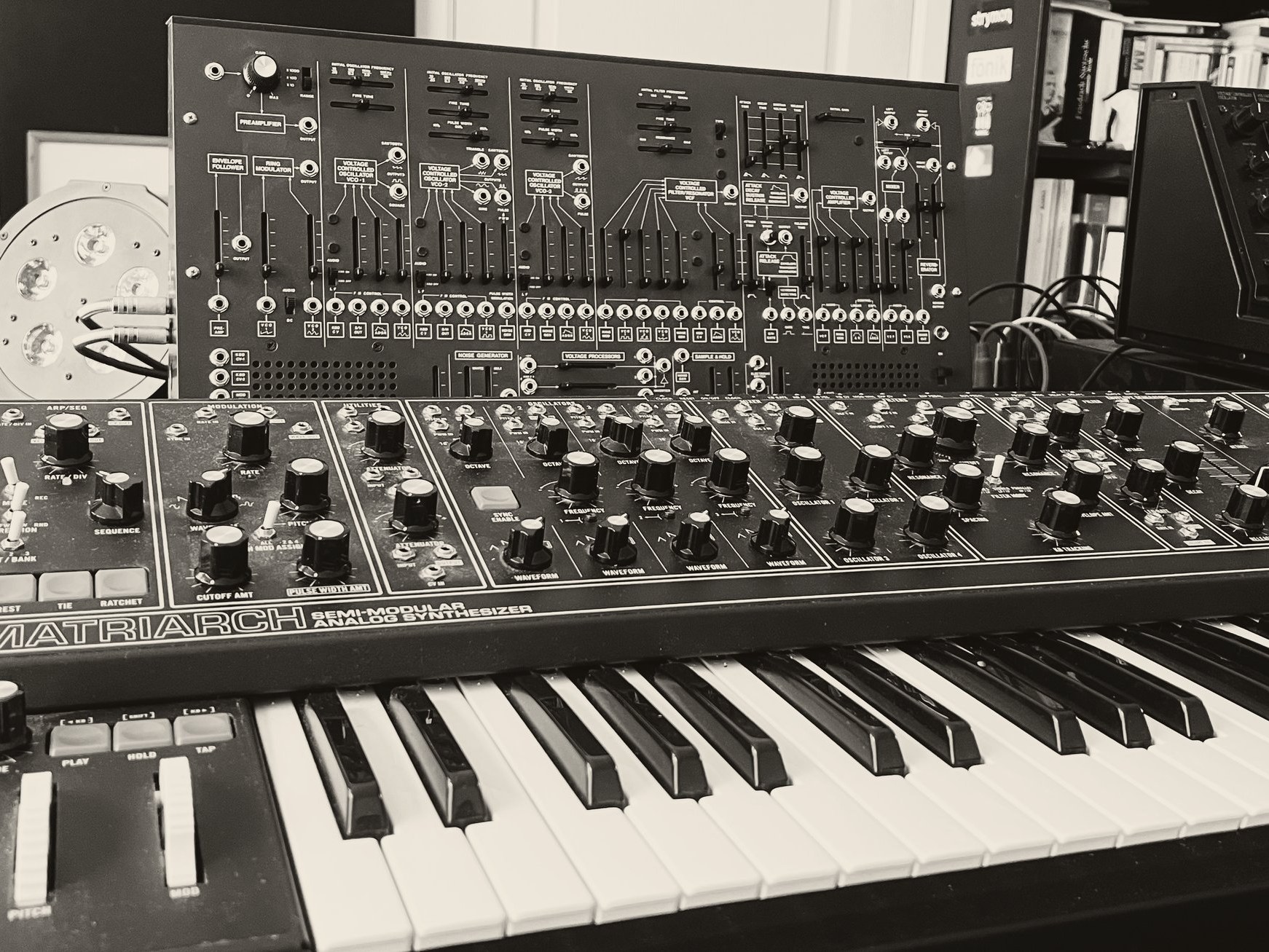 The Moog&nbsp;Matriarch and Korg&nbsp;ARP&nbsp;2600&nbsp;M, two analog synthesizers at the heart of the studio.